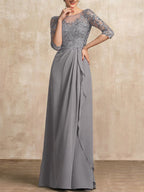 A-line Scoop Illusion Floor-Length Chiffon Lace Mother of the Bride Dress With Beading Sequins Cascading Ruffles