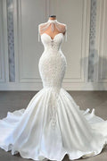 Luxury Satin Pearl Mermaid Wedding Dress With Lace And Sweetheart Neckline
