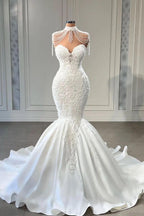Luxury Satin Pearl Mermaid Wedding Dress With Lace And Sweetheart Neckline