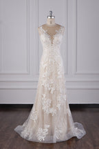 BMbridal Jewel Tulle Lace Mermaid Wedding Dress With Appliques Sleeveless
