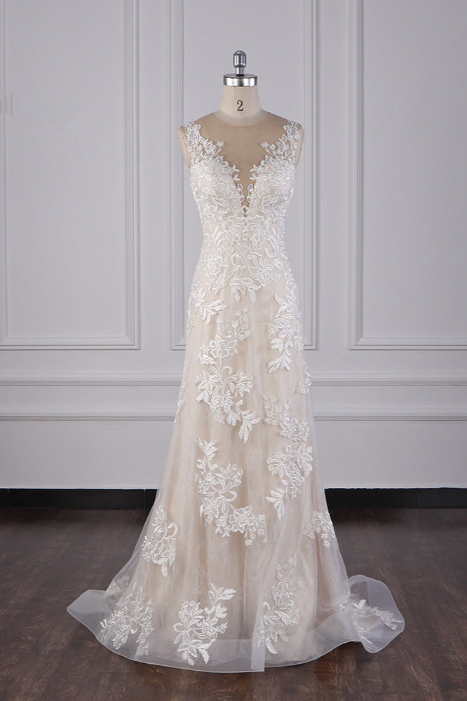 BMbridal Jewel Tulle Lace Mermaid Wedding Dress With Appliques Sleeveless