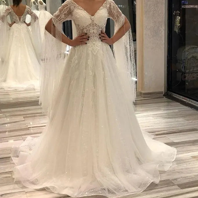 Short Sleeves Backless A Line Floorlength Wedding Dress V Neck Appliques