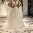 Short Sleeves Backless A Line Floorlength Wedding Dress V Neck Appliques