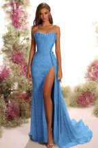 Vestido de baile sem alças sem mangas com lantejoulas plissadas e corte comprido