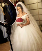 Off The Shoulder Beading Backless Floor Length Wedding Dress With Tassel Tulle