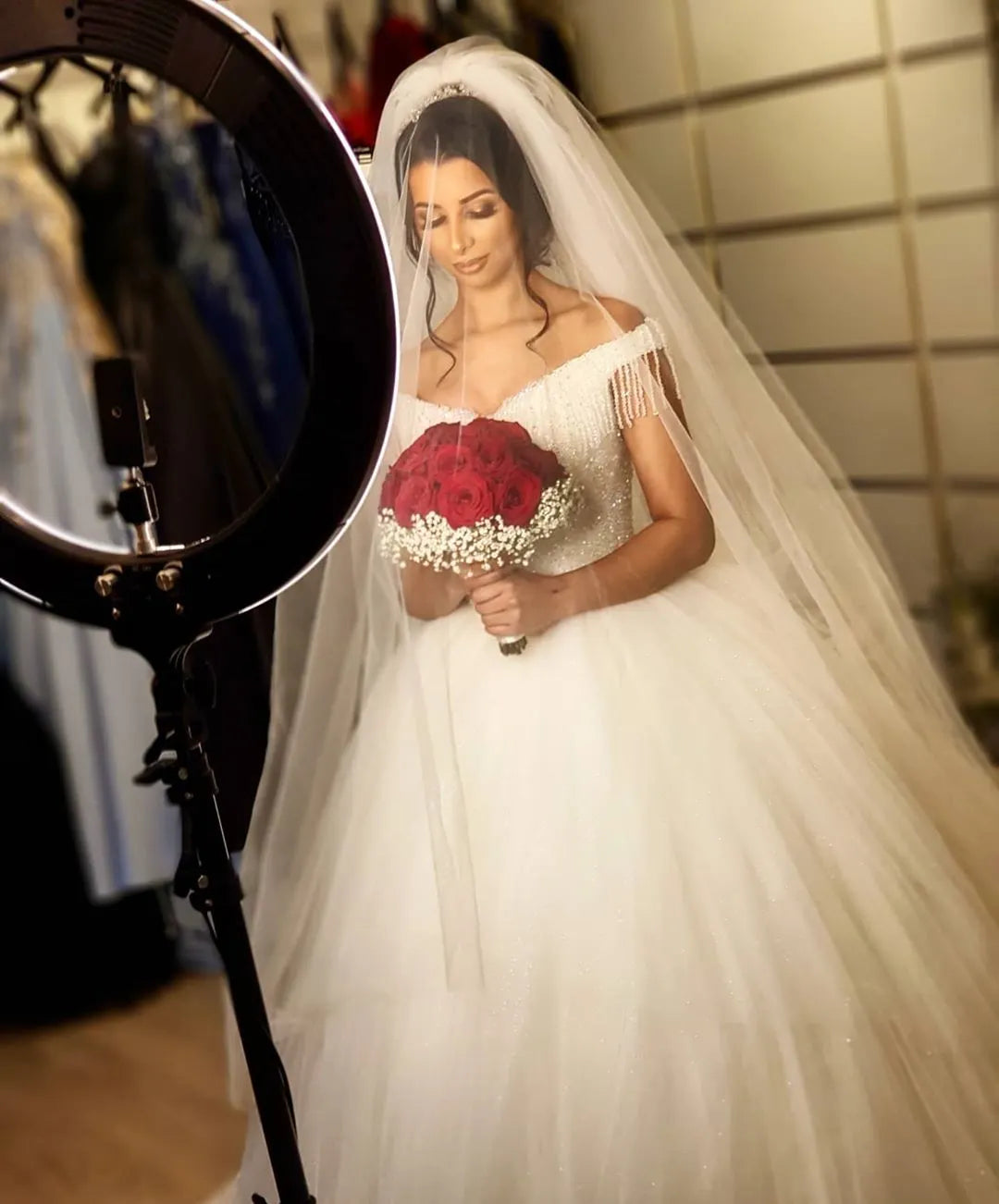 Off The Shoulder Beading Backless Floor Length Wedding Dress With Tassel Tulle
