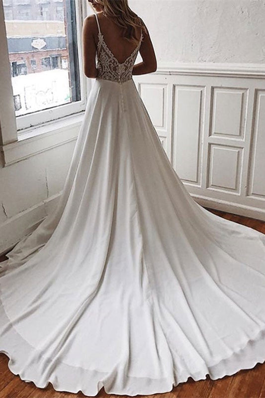 Spaghetti Strap Lace Chiffon Wedding Dress For Elegant Brides