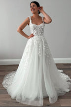 Charming White Tulle Spaghetti Strap Sleeveless Long Wedding Dress With Applique