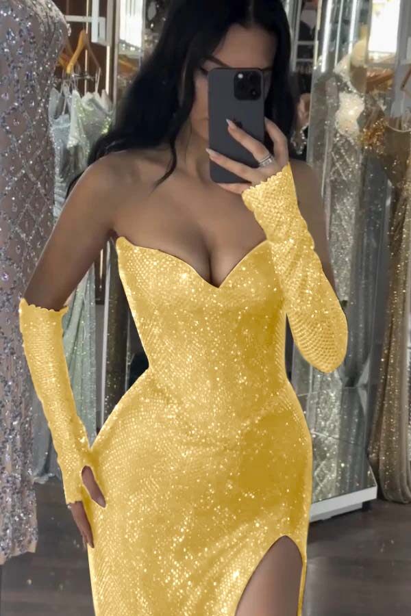 Sequin Strapless Long Mermaid Prom Dress With Split Detachable Sleeves