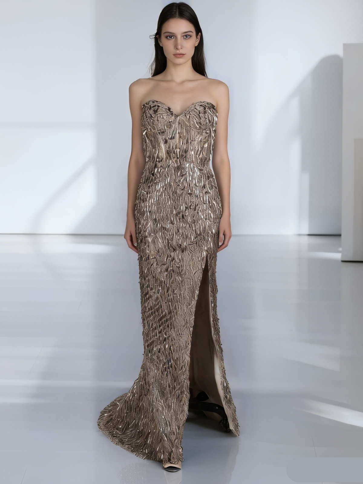 Champagne Strapless Sequin Mermaid Evening Dress | Lace-Up Back Prom Gown with Train
