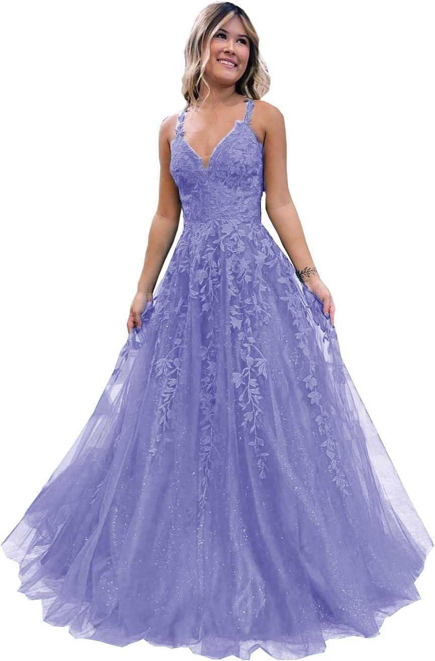 Vestido largo de gala con tul brillante y encaje floral, escote en V, vestido formal de noche, vestido largo de fiesta