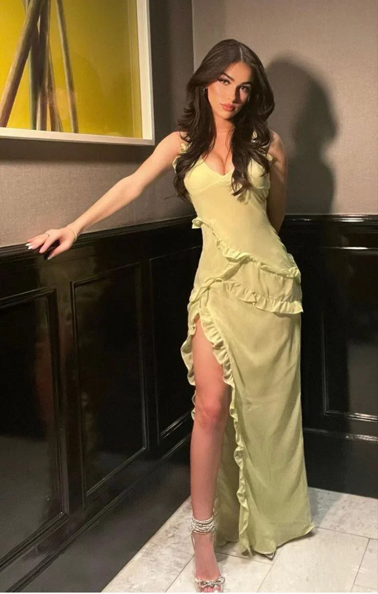 Vestido de noche largo amarillo con abertura sexy y volantes Vestido de gala Y7659