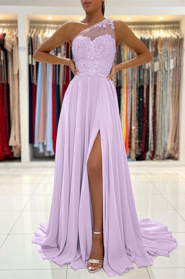Custom One Shoulder Prom Dress With Lace Appliques And Front Split