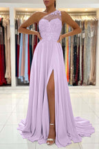 Custom One Shoulder Prom Dress With Lace Appliques And Front Split
