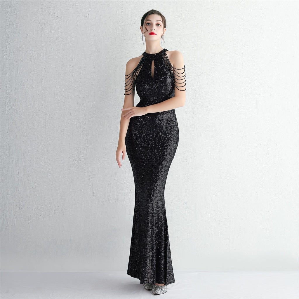 Pailletten Craft Perlen Cocktail Abendkleid Elegante Lange Neckholder Slim Fit Fischschwanz 