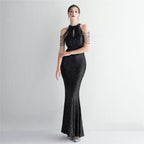Pailletten Craft Perlen Cocktail Abendkleid Elegante Lange Neckholder Slim Fit Fischschwanz 