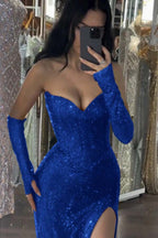 Sequin Strapless Long Mermaid Prom Dress With Split Detachable Sleeves