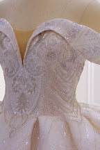 Off The Shoulder Satin Ball Gown Wedding Dress With Ruffles Beading And Sequins