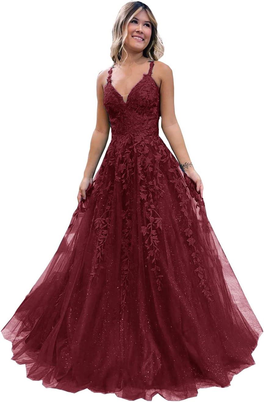 Vestido largo de gala con tul brillante y encaje floral, escote en V, vestido formal de noche, vestido largo de fiesta