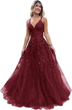 Vestido largo de gala con tul brillante y encaje floral, escote en V, vestido formal de noche, vestido largo de fiesta
