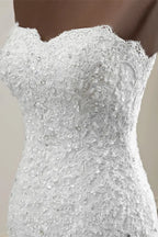 Chic Long Mermaid Strapless Lace Appliques Beaded Wedding Dress