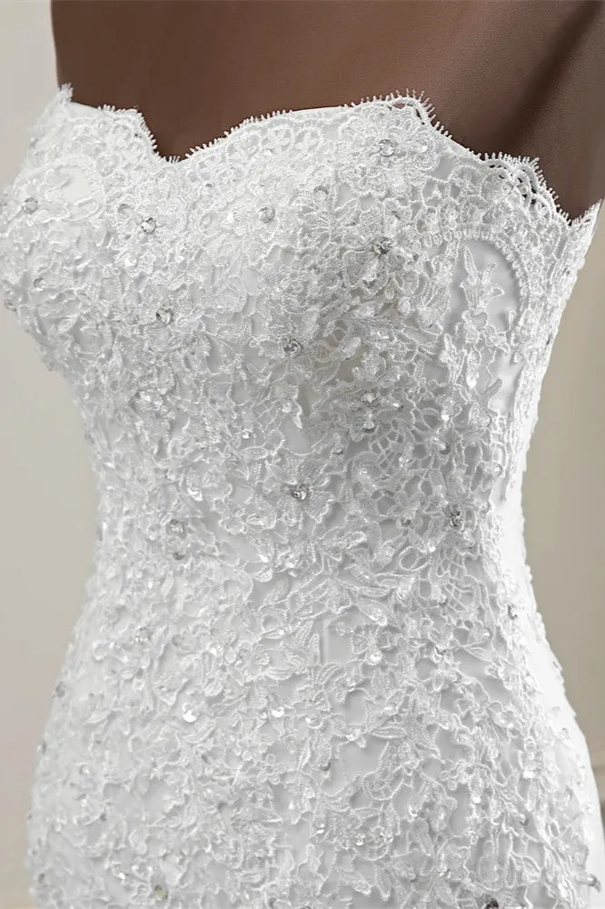 Chic Long Mermaid Strapless Lace Appliques Beaded Wedding Dress