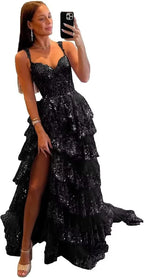Vestidos de fiesta largos de tul con encaje en capas y brillo 2025 con tirantes finos, corsé formal y abertura