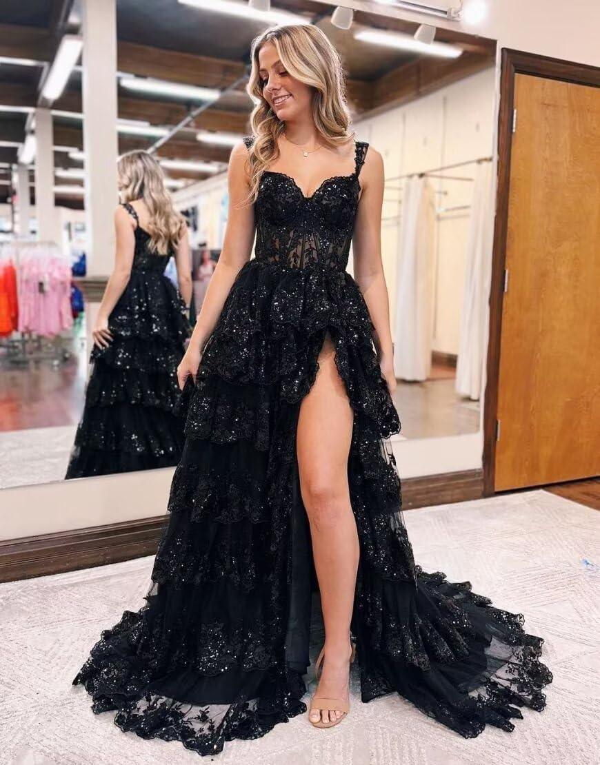 Vestidos de fiesta largos de tul con encaje en capas y brillo 2025 con tirantes finos, corsé formal y abertura