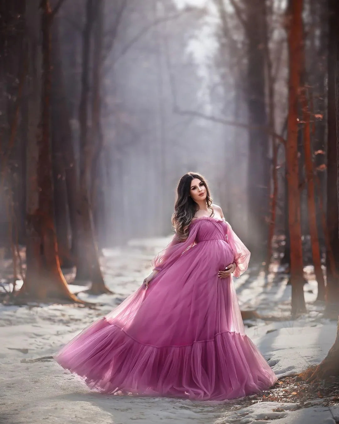 Puffy Sleeve Maternity Dress Tulle Robe for Photoshoot Off Shoulder Pregnancy Baby Shower Gown