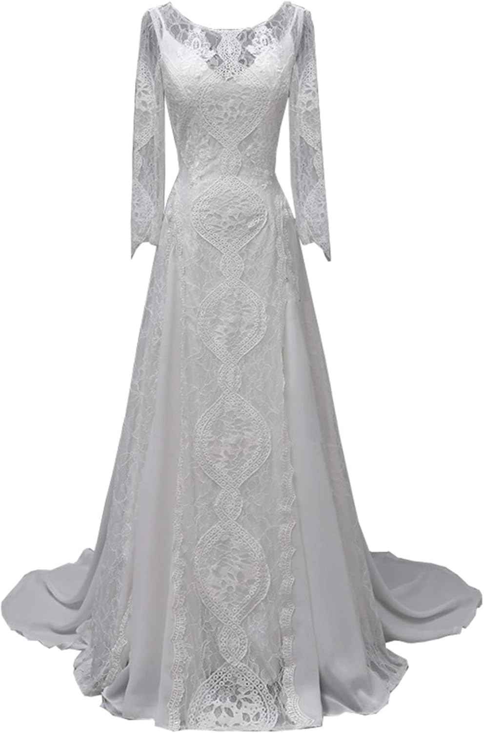 Womens Beach Wedding Dress Vintage Lace Bohemian Bridal Gown With Long Sleeves