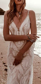 Womens Beach Wedding Dress Vintage Lace Bohemian Bridal Gown With Long Sleeves
