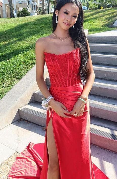 Vestidos de Festa de Cetim com Renda para Mulher, Modelo Sereia, Comprido com Fenda 2025, Sem Alças, Vestido Formal para Noite