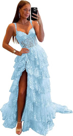 Vestidos de fiesta largos de tul con encaje en capas y brillo 2025 con tirantes finos, corsé formal y abertura
