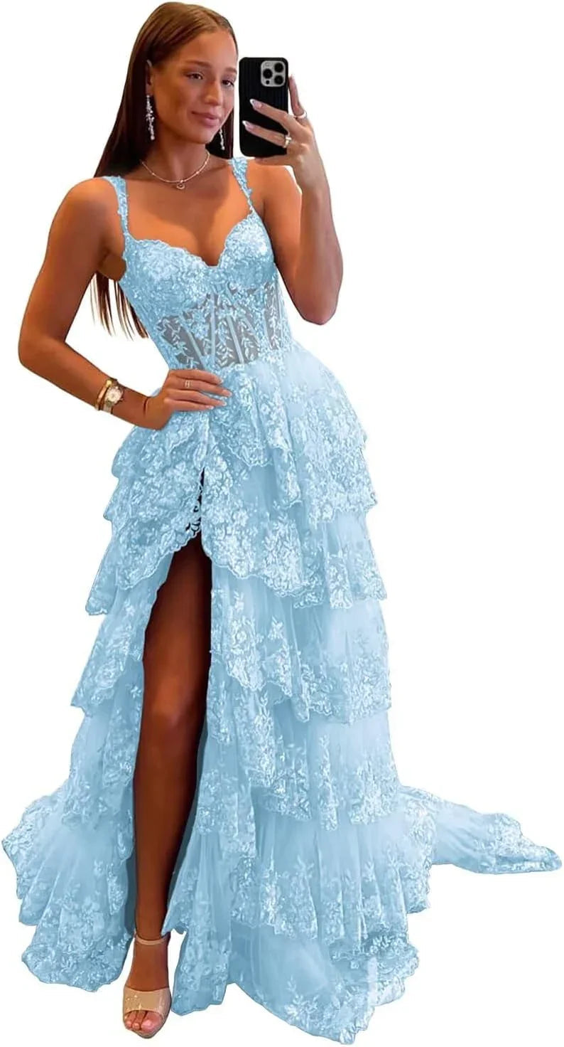 Vestidos de fiesta largos de tul con encaje en capas y brillo 2025 con tirantes finos, corsé formal y abertura