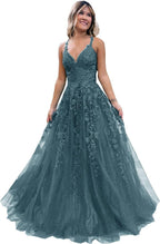 Vestido largo de gala con tul brillante y encaje floral, escote en V, vestido formal de noche, vestido largo de fiesta