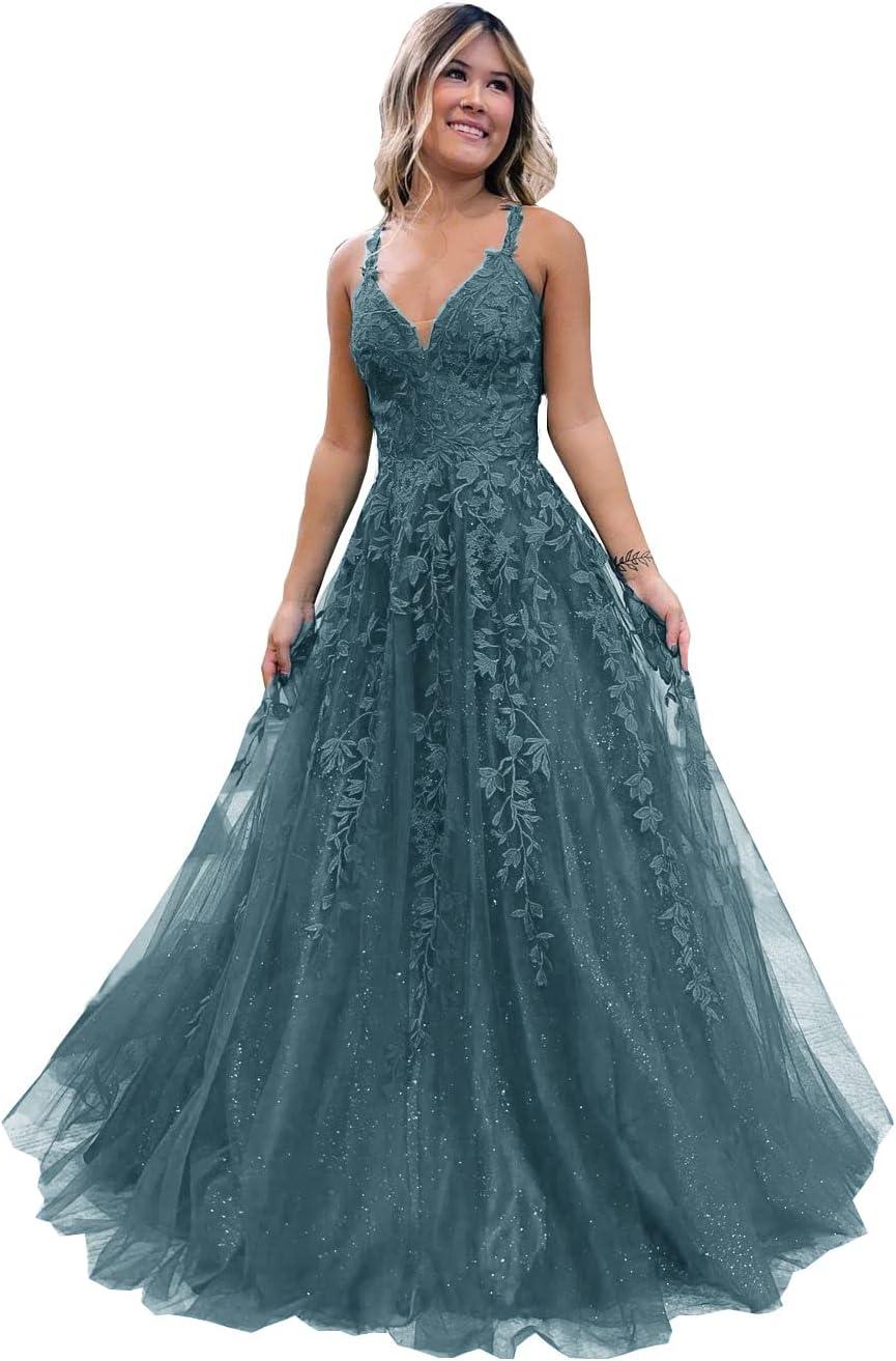 Vestido largo de gala con tul brillante y encaje floral, escote en V, vestido formal de noche, vestido largo de fiesta