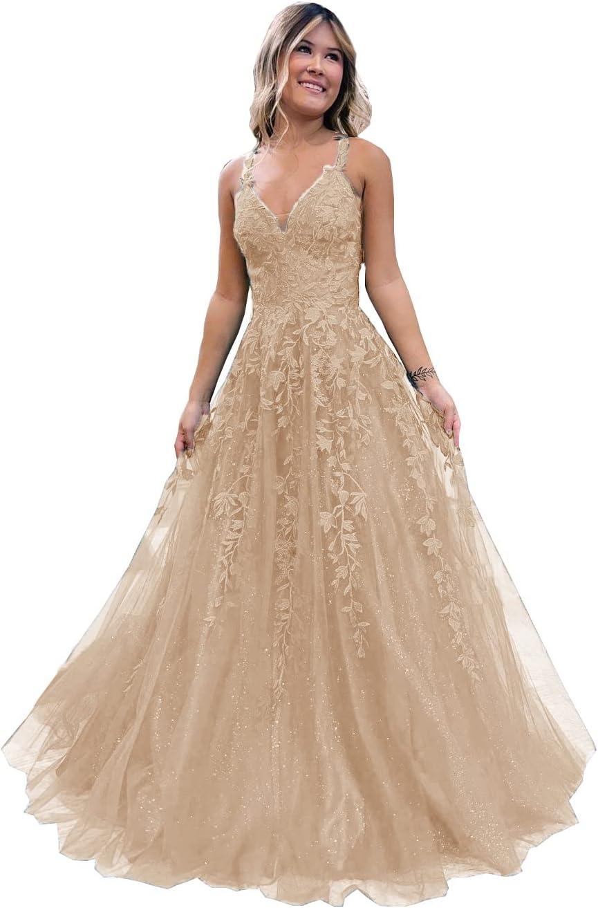 Vestido largo de gala con tul brillante y encaje floral, escote en V, vestido formal de noche, vestido largo de fiesta
