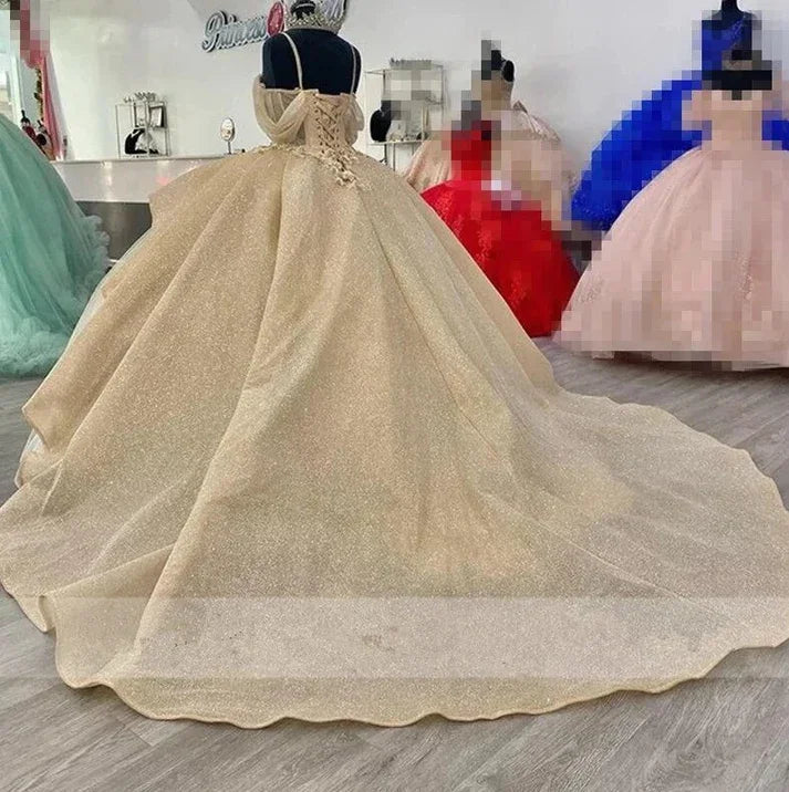 Vestido de Baile Princesa Brilhante Champagne Vestidos de Quinceanera Elegantes com Alças Apliques Vestido Doce 16 Y4150