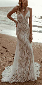 Womens Beach Wedding Dress Vintage Lace Bohemian Bridal Gown With Long Sleeves