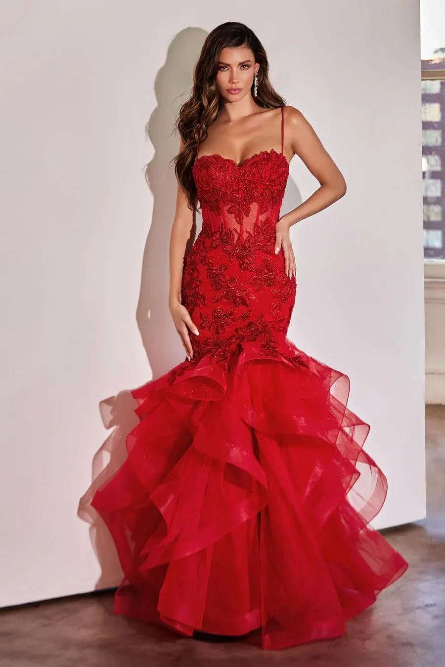 Vestidos de fiesta largos de tul con apliques de encaje para mujer, estilo sirena con volantes y brillo, vestido formal de noche para eventos