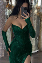 Sequin Strapless Long Mermaid Prom Dress With Split Detachable Sleeves