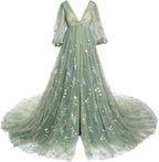 Vestido de Maternidade em Tule Bordado para Sessão Fotográfica Vestido de Baile com Fenda Vestido para Chá de Bebé e Gravidez