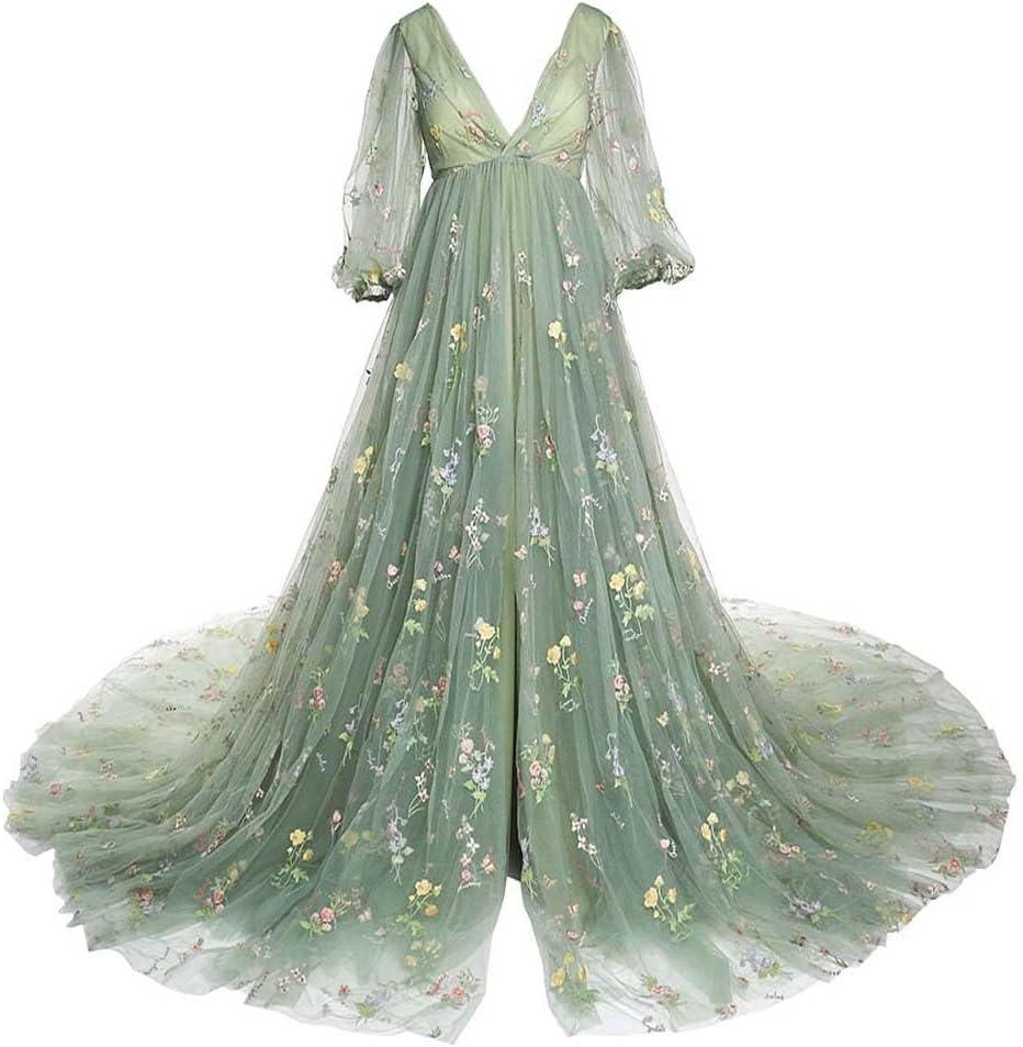 Vestido de Maternidade em Tule Bordado para Sessão Fotográfica Vestido de Baile com Fenda Vestido para Chá de Bebé e Gravidez