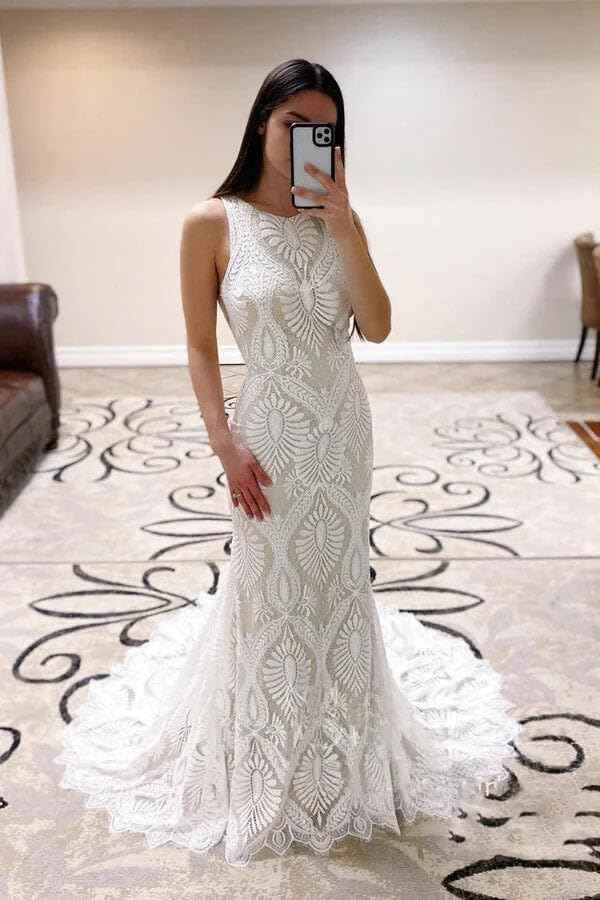 Womens Beach Wedding Dress Vintage Lace Bohemian Bridal Gown With Long Sleeves