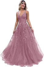 Vestido largo de gala con tul brillante y encaje floral, escote en V, vestido formal de noche, vestido largo de fiesta