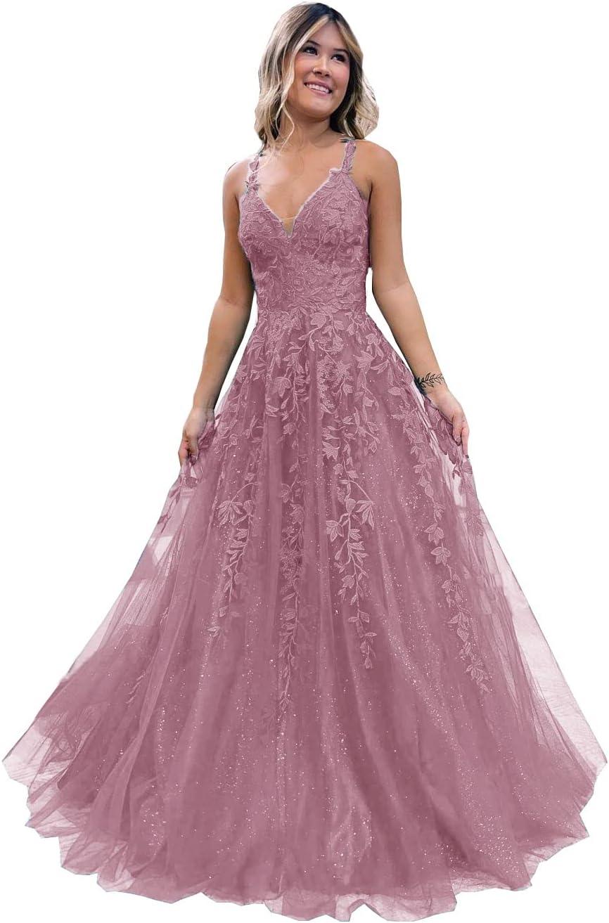 Vestido largo de gala con tul brillante y encaje floral, escote en V, vestido formal de noche, vestido largo de fiesta