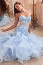 Vestidos de fiesta largos de tul con apliques de encaje para mujer, estilo sirena con volantes y brillo, vestido formal de noche para eventos