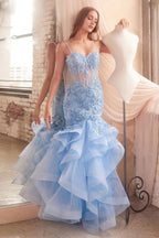 Vestidos de fiesta largos de tul con apliques de encaje para mujer, estilo sirena con volantes y brillo, vestido formal de noche para eventos