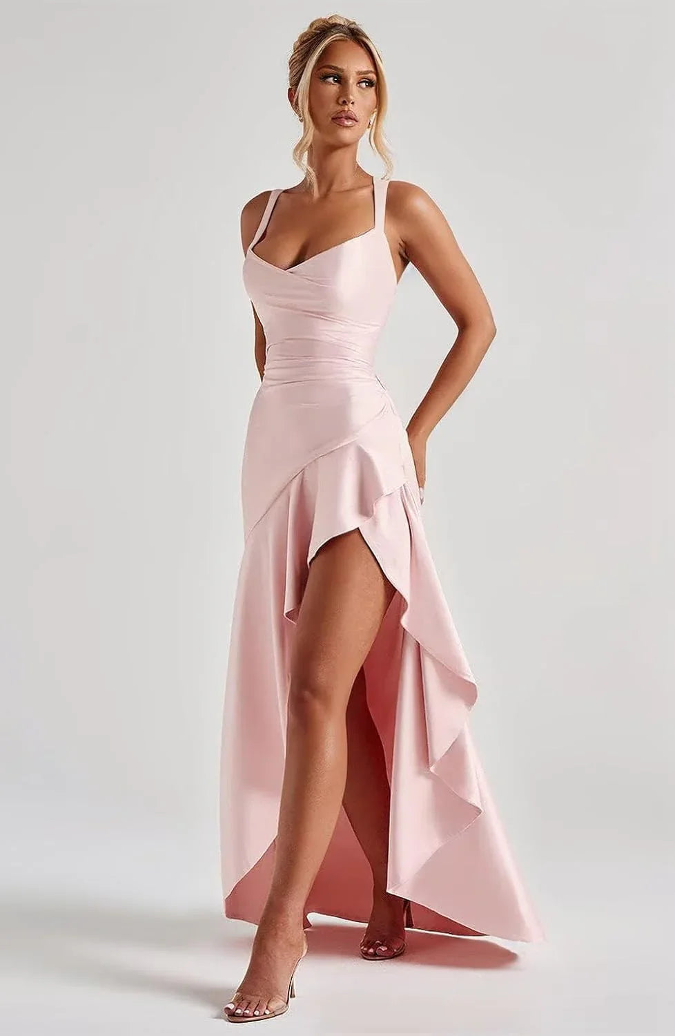 Vestidos de Festa com Folhos de Cetim para Adolescentes Vestidos de Coquetel Assimétricos em Linha A para Mulheres QA204