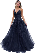 Vestido largo de gala con tul brillante y encaje floral, escote en V, vestido formal de noche, vestido largo de fiesta